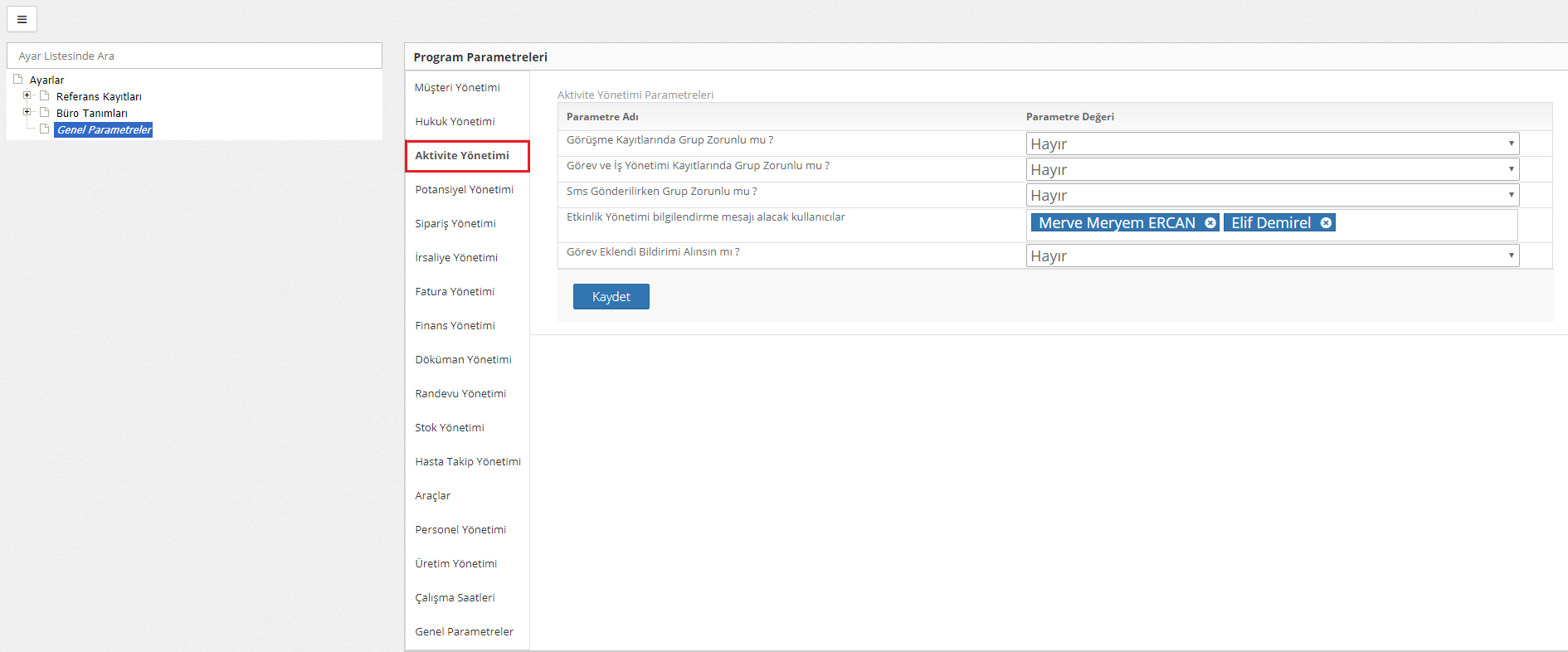 aktivite yönetimi ayarlar
